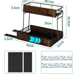 Under diskbänkshylla, DÄCK Under diskbänksförvaring - Metall och trä - 2 våningar - Med skjutlåda - för kök, badrum