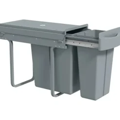 Underbänks sopkärl - Utdragbar källsorteringshink - 2 avtagbara behållare - 20L+10L - Mjukt glid på skenor - Lock med diamantmönster - Grå