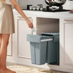 Underbänks sopkärl - Utdragbar källsorteringshink - 2 avtagbara behållare - 20L+10L - Mjukt glid på skenor - Lock med diamantmönster - Grå