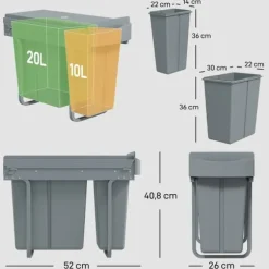 Underbänks sopkärl - Utdragbar källsorteringshink - 2 avtagbara behållare - 20L+10L - Mjukt glid på skenor - Lock med diamantmönster - Grå