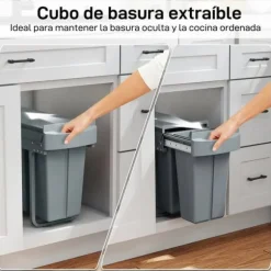 Underbänks sopkärl - Utdragbar källsorteringshink - 2 avtagbara behållare - 20L+10L - Mjukt glid på skenor - Lock med diamantmönster - Grå