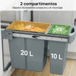 Underbänks sopkärl - Utdragbar källsorteringshink - 2 avtagbara behållare - 20L+10L - Mjukt glid på skenor - Lock med diamantmönster - Grå