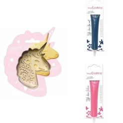 Unicorn präglad kakkit + 2 midnattsblå och fuchsia chokladpennor