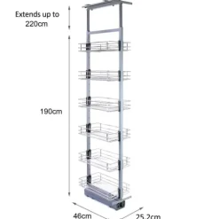 Utdragbart Köksskafferi med Justerbar Höjd (190-220 cm) | 46 cm (D) Mjukstängning Förvaring Trådkorgar