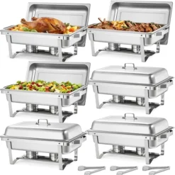 Varmfack Chafing Dish - Rektangulär Buffévärmare 6-pack - Kapacitet 9,9 L - Rostfritt Stål - Lock & Bränslehållare - Tre Mattänger