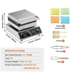 Våffelmaskin 4ST, Kommersiell Rund, 1750W, Non-stick, Snabb uppvärmning, Långvarig hållbarhet, Enkel rengöring