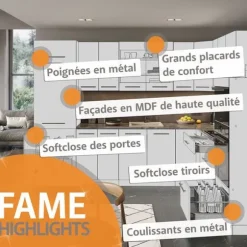 Vicco kök Fame-Line, Ek blank svart/vit, 280 cm, PT Ek