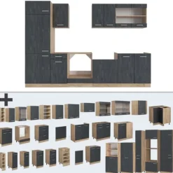 Vicco kök R-Line, Svart betong/guld ek, 300 cm utan bänkskiva