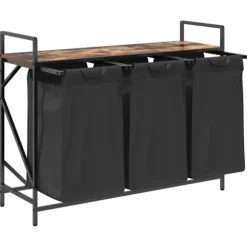 vidaXL Tvättkorg 3 fack med hylla rökfärgad ek