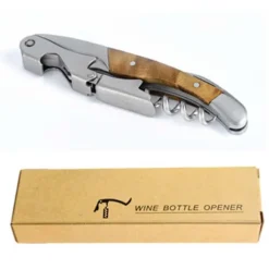 Vinöppnare i rostfritt stål med skuggträhandtag - Portabel manuell korkskruv med folieskärare