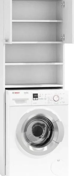 Vit förvaringsskåp över tvättmaskin med 4 hyllor & 2 dörrar