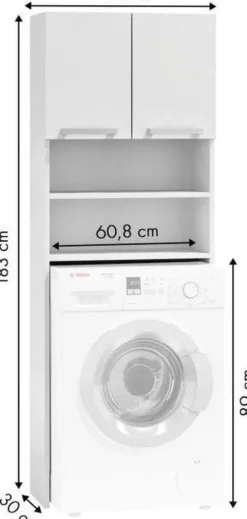 Vit förvaringsskåp över tvättmaskin med 4 hyllor & 2 dörrar