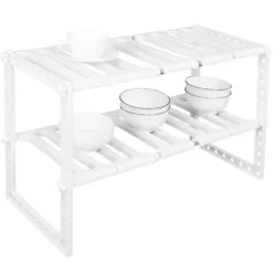 2-vånings diskbänksställ skåporganisatör förvaring teleskopisk hylla kök badrumshållare