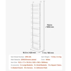 9-vånings Pantry Organizer, Över Dörren Hängande Förvaringsställ, Justerbar Höjd