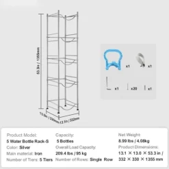 5-vånings vattenkannahållare, enkelrad vattenflaskställ för 5 flaskor, hållbart silverdesign, platsbesparande lösning