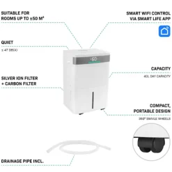 VONROC Avfuktare 40L/dag – WiFi & Appstyrning | Silverjon- & Kolfilter | För upp till 50 m² | 5,5L Tank