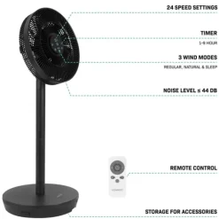 VONROC BREEZE Sladdlös Fläkt – Tyst < 44 dB – 24 hastigheter – 3 vindlägen – Bord- & golvmodell – Touchpanel & fjärrkontroll – Svart