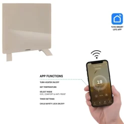 VONROC Elvärmare 1000W – Glaspanel & WiFi | För rum upp till 12 m² | Timer & termostat | Beige