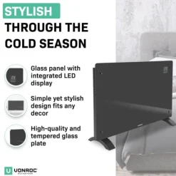 VONROC Lyxigt konvektorelement med glaspanel – 2000W – Grå | Wifi