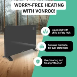 VONROC Lyxigt konvektorelement med glaspanel – 2000W – Grå | Wifi