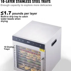 800W hushållsmattorkare med 10 brickor, LED-ljus och stort visningsfönster, 360° varmluftscirkulation, justerbar timer och temperatur