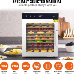 800W hushållsmattorkare med 10 brickor, LED-ljus och stort visningsfönster, 360° varmluftscirkulation, justerbar timer och temperatur