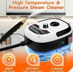 2500W Ångtvätt Handhållen – Tryckångare med 3 Borsthuvuden, 6 Nivåer, 1000ml Vattentank