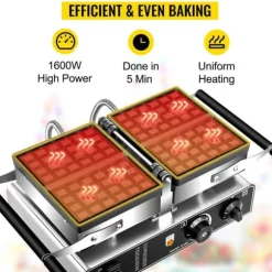 1600W rektangulär våffelbryggare med 2 vändbara dubbelsidiga bakformar, effektiv och jämn bakning, exakt temperatur/tidskontroll