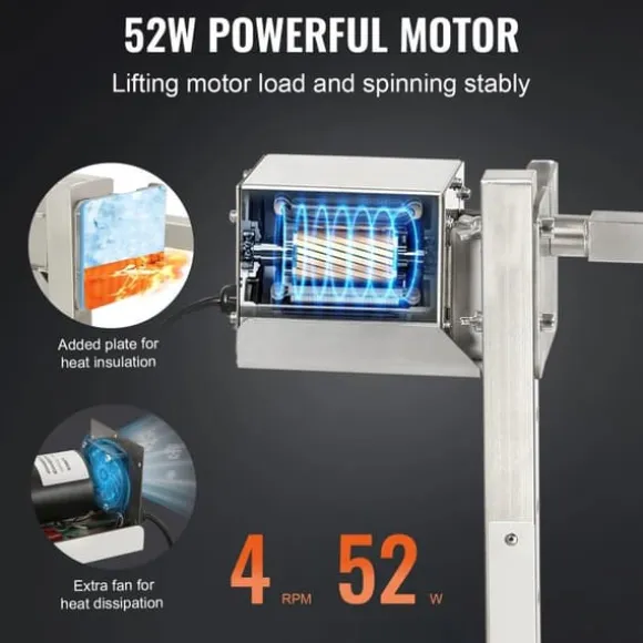 52W 4RPM 60kg lastkapacitet elektrisk spettgrill för hela djur, BBQ grill för olika typer av kött, 8 justerbara höjder, bra stabilitet