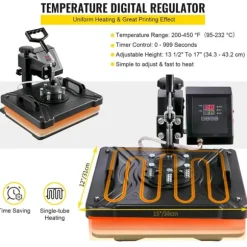 1400W 38x38 cm 8 i 1 värmepressmaskin med full tillbehör, exakt digital kontroll, 360° svängbar design, justerbar fjäderplatta