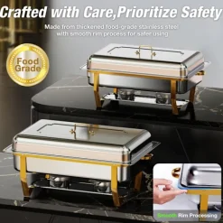 Warmounts rektangulära guldfärgade varmhållningskärl bufféset om 4, 7,6 l styck, matvärmare i rostfritt stål med insatser i flera storlekar, hopfällbar ram | CDON
