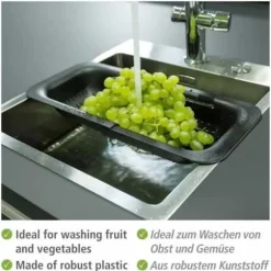 WENKO SIVO Diskbänkssil | Infällbar sil | Utdragbara handtag till placering | Pasta, frukt, grönsaker | 37 till 50 cm | Svart