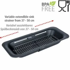 WENKO SIVO Diskbänkssil | Infällbar sil | Utdragbara handtag till placering | Pasta, frukt, grönsaker | 37 till 50 cm | Svart