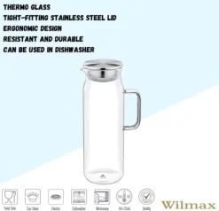 Wilmax glaskaraff 1,5 L i borosilikatglas, filter & stållock