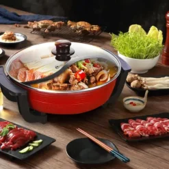 Yuanyang Hot Pot - Elektrisk hotpot-gryta - 6 L - 1300 W - Delad 2 smaker - Rostfritt stål - Röd
